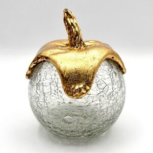 Vintage Crackle Glass Apple With Gold Painted Stem Paperweight / Decor